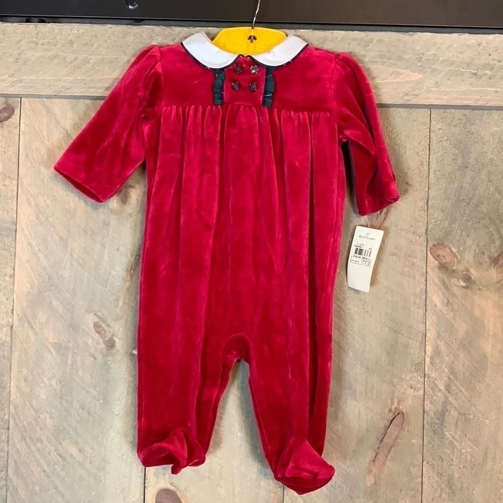Ralph Lauren red velvet one piece outfit Size 6 Months New with tag